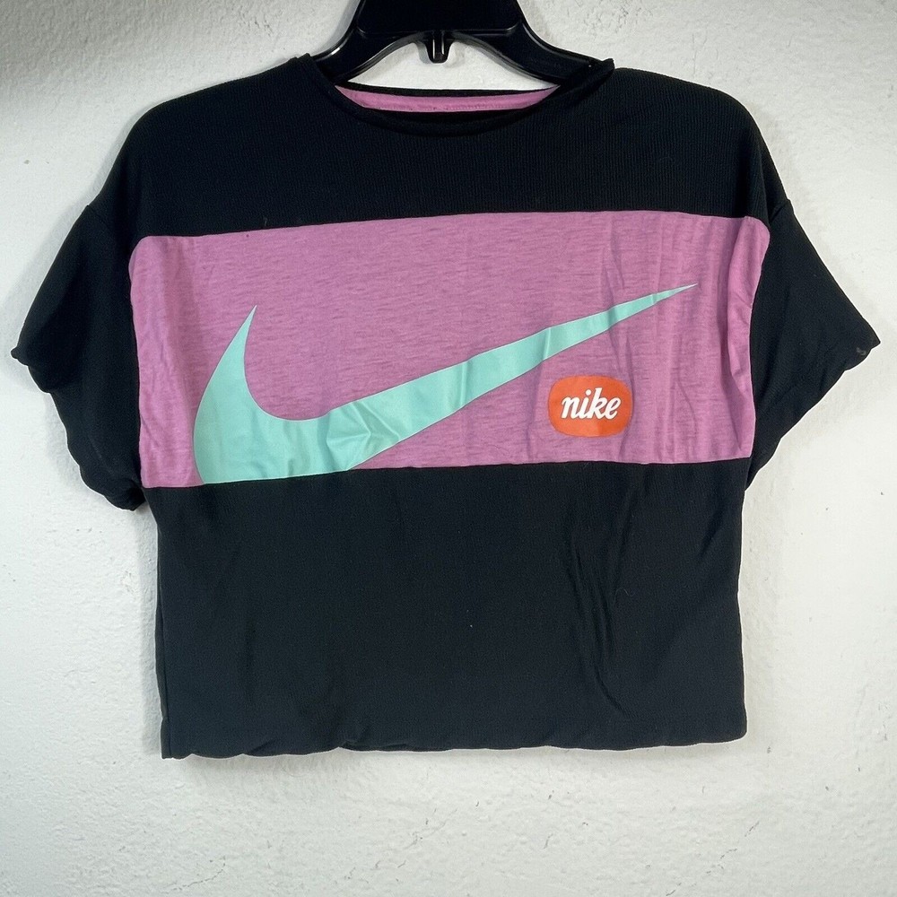 Nike Big Girls Short-Sleeve Logo Block Cropped Tee Black Pink Teal Size XL 18-20